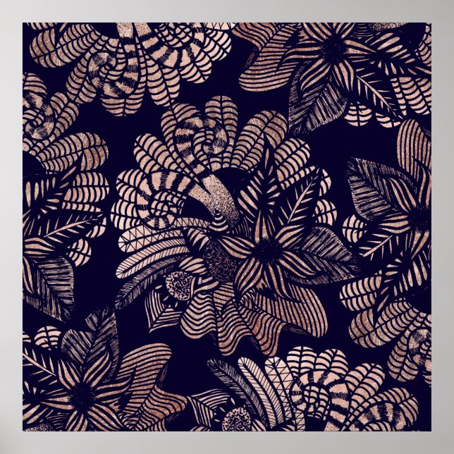 Elegante Rose Goldflorale Zeichnungen auf Navy Blu Poster (Vorne)