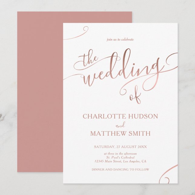 Elegante Rose Goldkalligrafie Einladung zur Hochze (Vorne/Hinten)