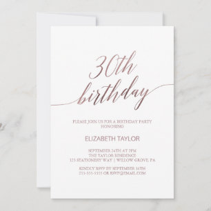 Elegante Rose Goldkalligraphie 30. Geburtstag Einladung