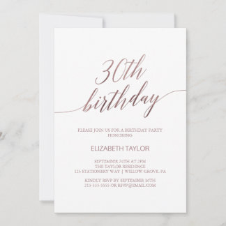 Elegante Rose Goldkalligraphie 30. Geburtstag Einladung