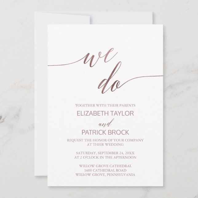 Elegante Rose Goldkalligraphie, die wir Hochzeit m Einladung (Vorderseite)