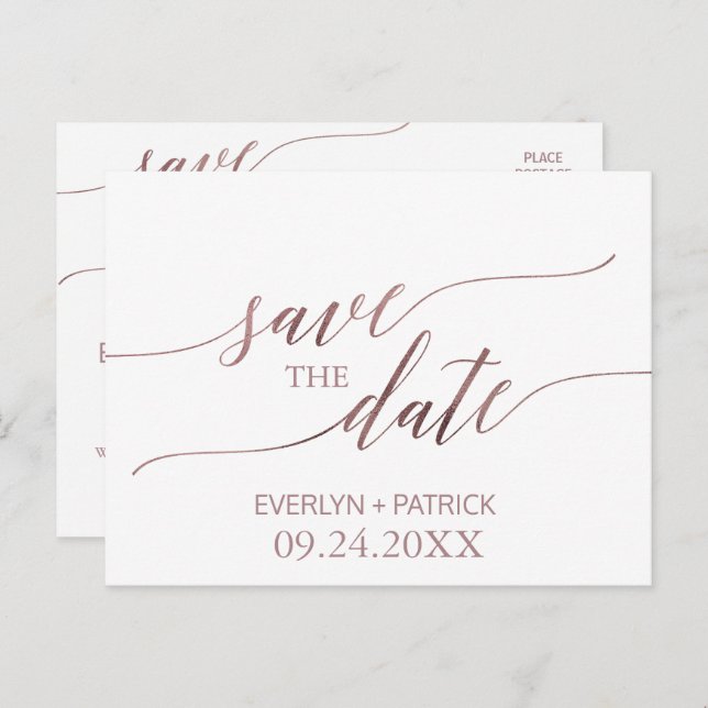 Elegante Rose Goldkalligraphie Save the Date Ankündigungspostkarte (Vorne/Hinten)