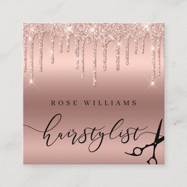 Elegante Rose Goldschere Glitzer Haarstylist Quadratische Visitenkarte (Vorderseite)
