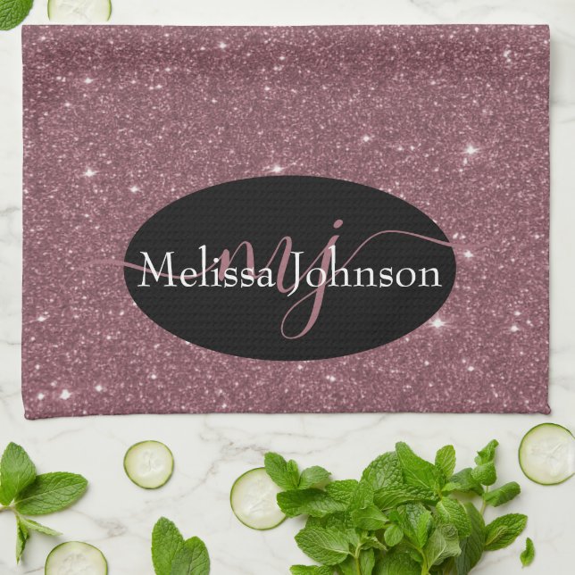 Elegante Rose Goldschrift auf Schwarze Küche bis Geschirrtuch (Gefaltet)