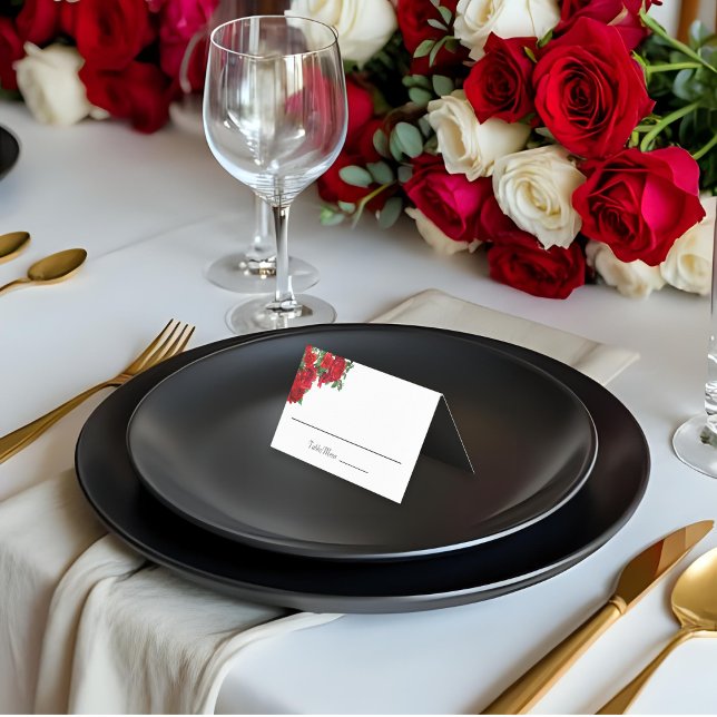 Elegante Rose Hochzeit maßgeschneiderte geklappte  (Bilingual (English/Spanish) Folded place card with white background and black interior)