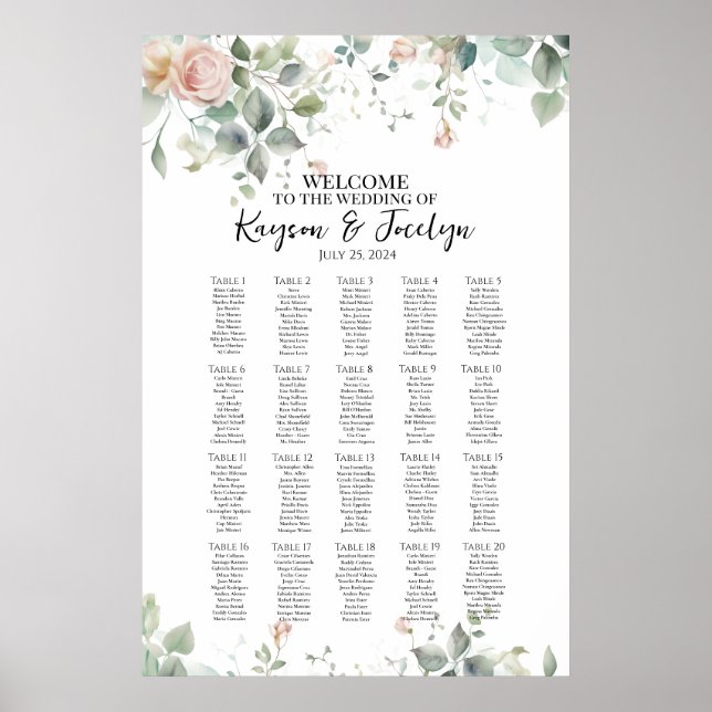 Elegante Rose Hochzeitskarte 20 Tische Poster (Vorne)