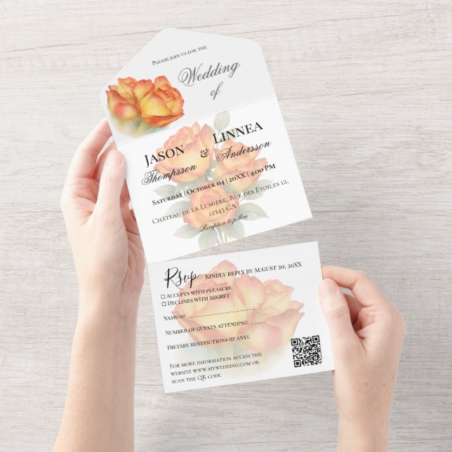 Elegante Rose Hochzeitswasser Pastel Petals All In One Einladung (Abreißtisch)