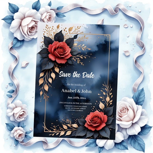 Elegante Rose mit goldenem Blattwerk Save The Date (Von Creator hochgeladen)