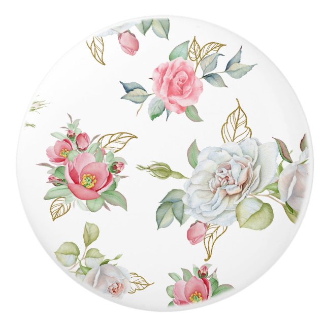 Elegante Rose mit vergoldeten Blätter Keramikknauf (Vorderseite)