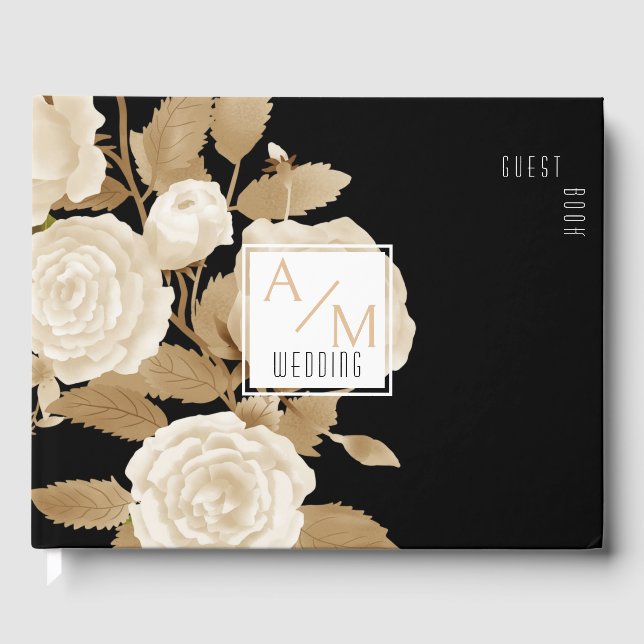 Elegante Rose Monogram Black Gästebuch (Vorderseite)