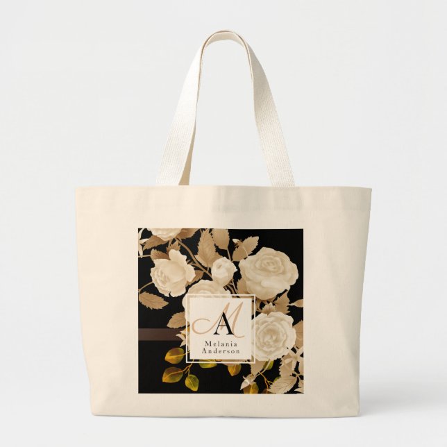Elegante Rose Monogram Black Jumbo Stoffbeutel (Vorne)