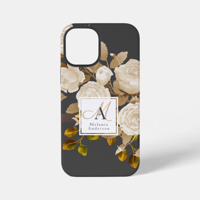 Elegante Rose Monogram Gray iPhone Hülle (Rückseite)