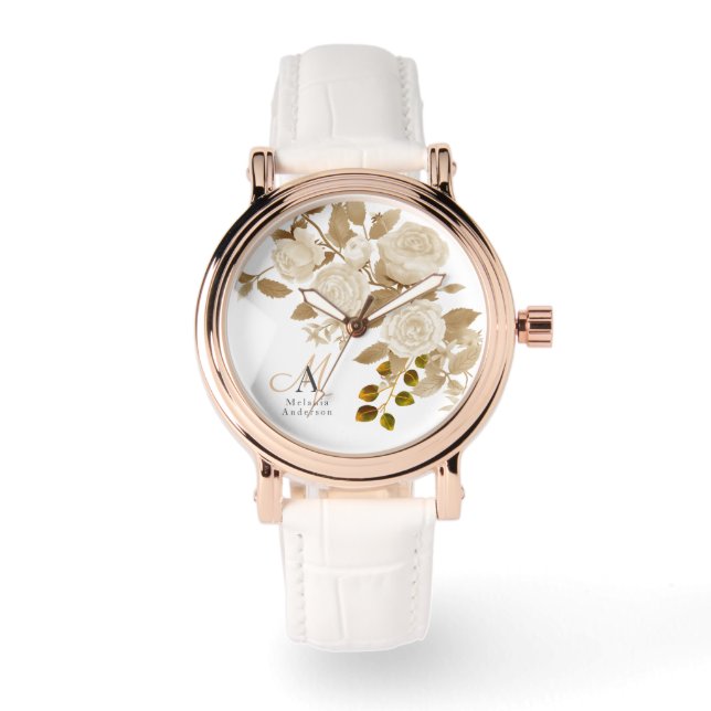 Elegante Rose Monogram White Armbanduhr (Vorderseite)