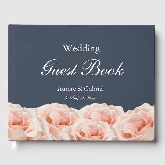 Elegante Rose Navy Blue Blush White Wedding Gästebuch (Vorderseite)