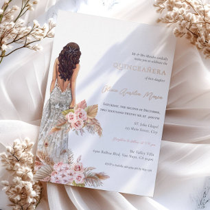 Elegante Rose Pampas Gras Kleid Quinceanera Folieneinladung