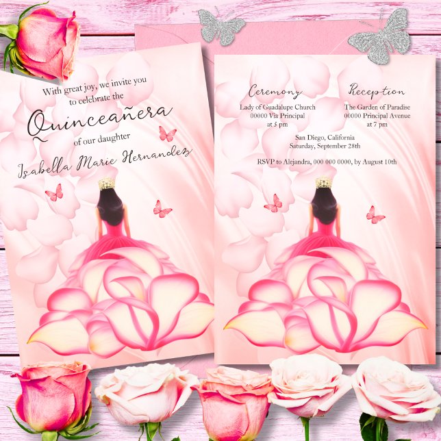 Elegante Rose Petals Rosa Kleid Quinceañera Einladung (Von Creator hochgeladen)