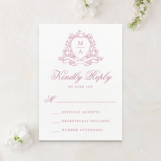 Elegante Rose Quartz Floral Wappen Monogram Weddin RSVP Karte (Von Creator hochgeladen)