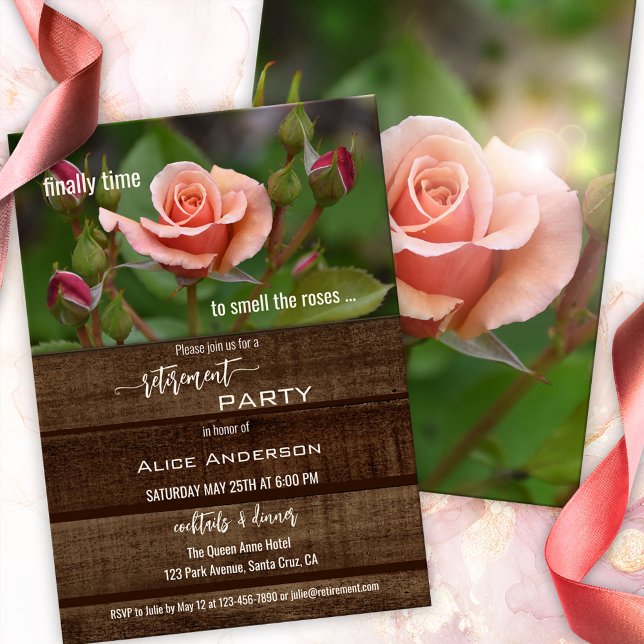 Elegante Rose Relax Garden Pension Party Einladung (Retirement party invitation featuring a peach colored rose on rustic dark wood - garden - flowers)