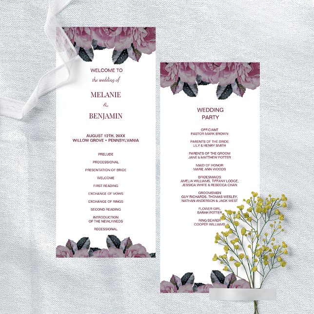 Elegante Rose Romantisches Hochzeitsprogramm für F Einladung (Elegant Rose Pink Romantic Floral Wedding Program)