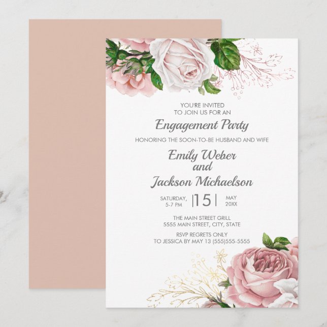 Elegante Rose Rosa Bläserweiße Engagement Partei Einladung (Vorne/Hinten)