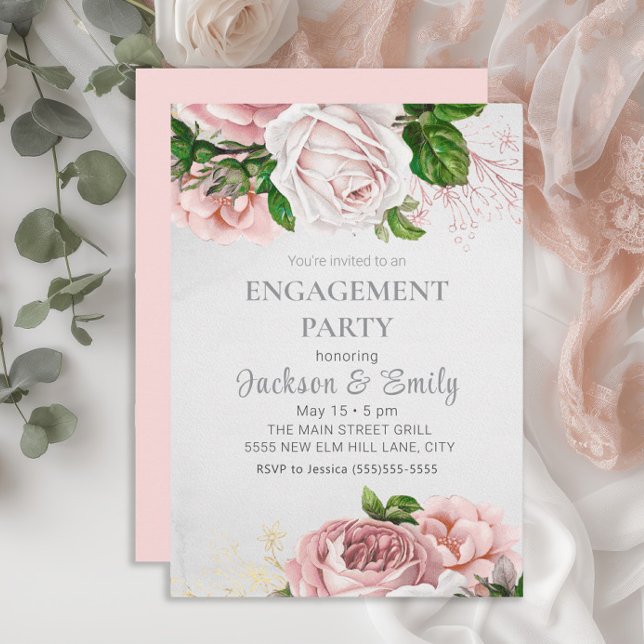 Elegante Rose Rosa Blütencreme-Engagement Einladung (Elegant blush pink watercolor vintage floral engagement party invitation)
