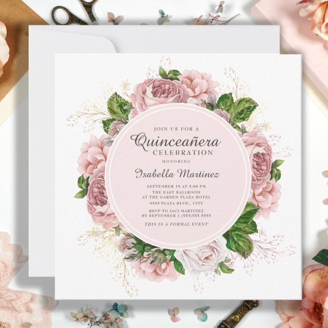 Elegante Rose Rosa Blütenfarben Weiße Königin Einladung (Elegant pink vintage roses Quinceañera invitation)