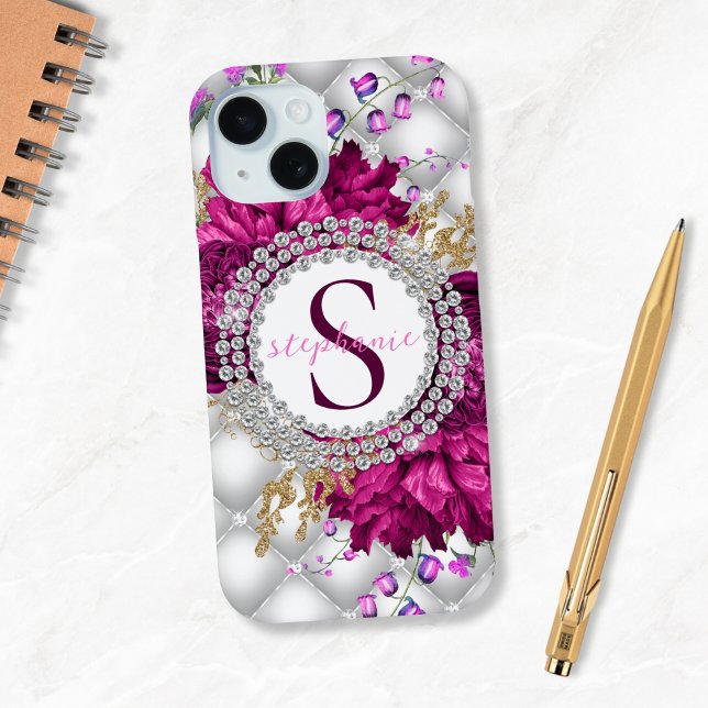 Elegante Rose Rosa Burgundy Diamonds Monogram Case-Mate iPhone Hülle (Mockup View)
