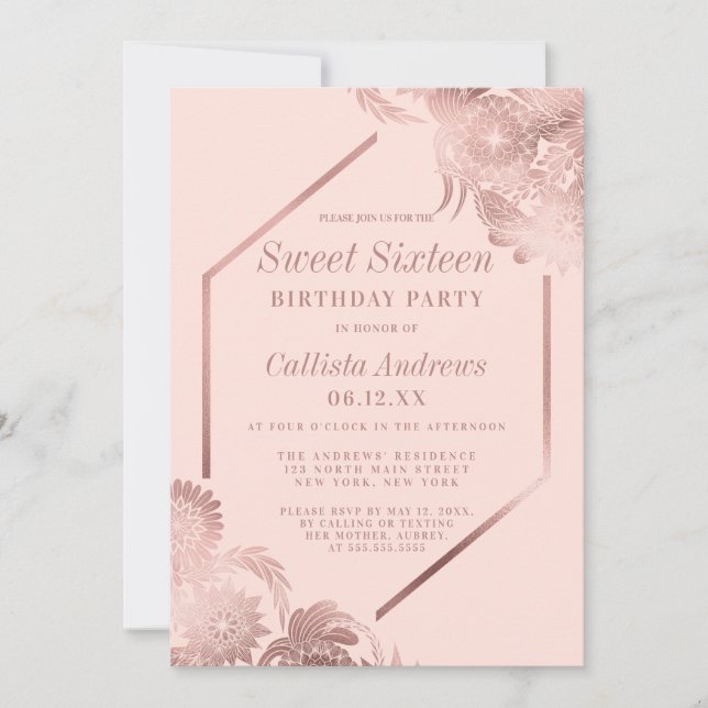 Elegante Rose Rosa Rosa Blütenrahmen Sweet 16 Einladung (Vorderseite)