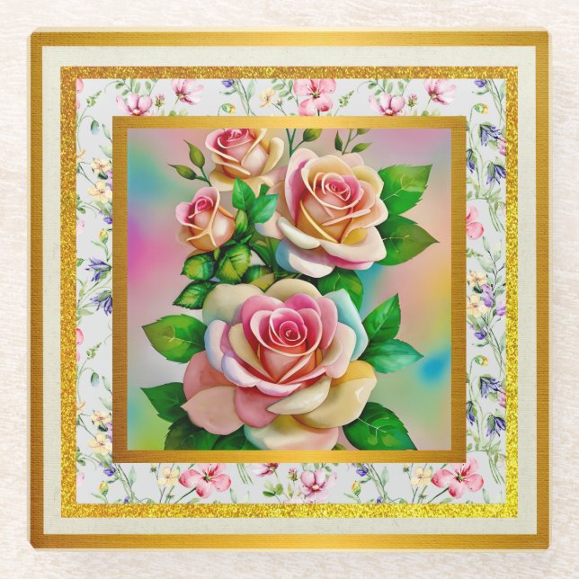 Elegante Rose Rosa und Gelbe Wasserfarbenpastel Glasuntersetzer (Vorderseite)