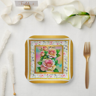 Elegante Rose Rosa und Gelbe Wasserfarbenpastel Pappteller