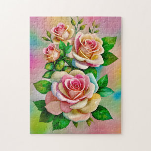 Elegante Rose Rosa und Gelbe Wasserfarbenpastel Puzzle