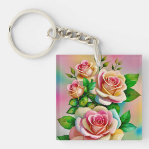 Elegante Rose Rosa und Gelbe Wasserfarbenpastel Schlüsselanhänger