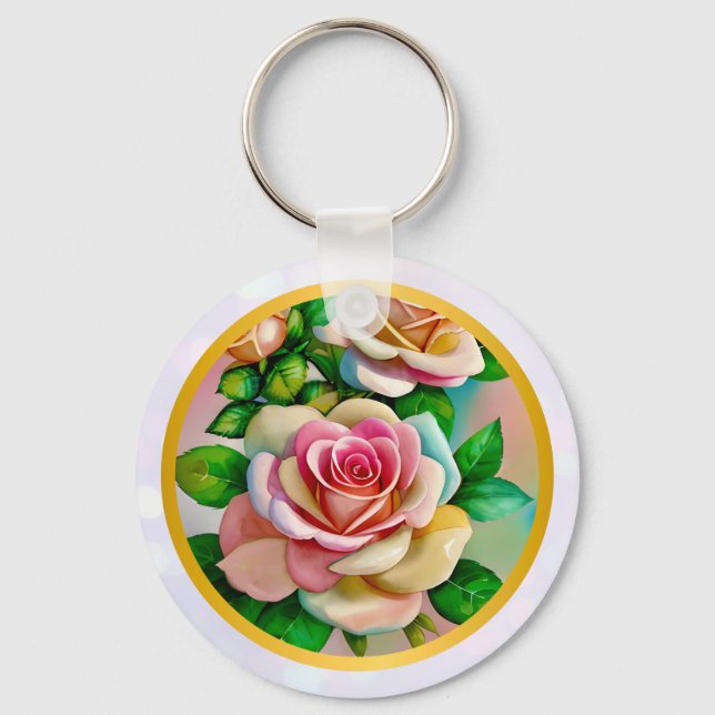 Elegante Rose Rosa und Gelbe Wasserfarbenpastel Schlüsselanhänger (Vorderseite)