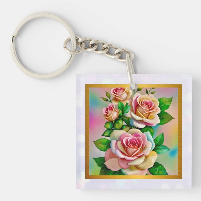 Elegante Rose Rosa und Gelbe Wasserfarbenpastel Schlüsselanhänger (Vorderseite)
