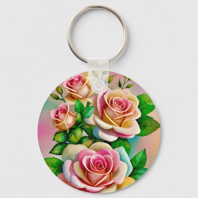 Elegante Rose Rosa und Gelbe Wasserfarbenpastel Schlüsselanhänger (Vorderseite)