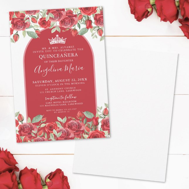 Elegante Rose Roter Blumenkohl Einladung (Elegant Roses Floral Red Quinceanera Invitation )