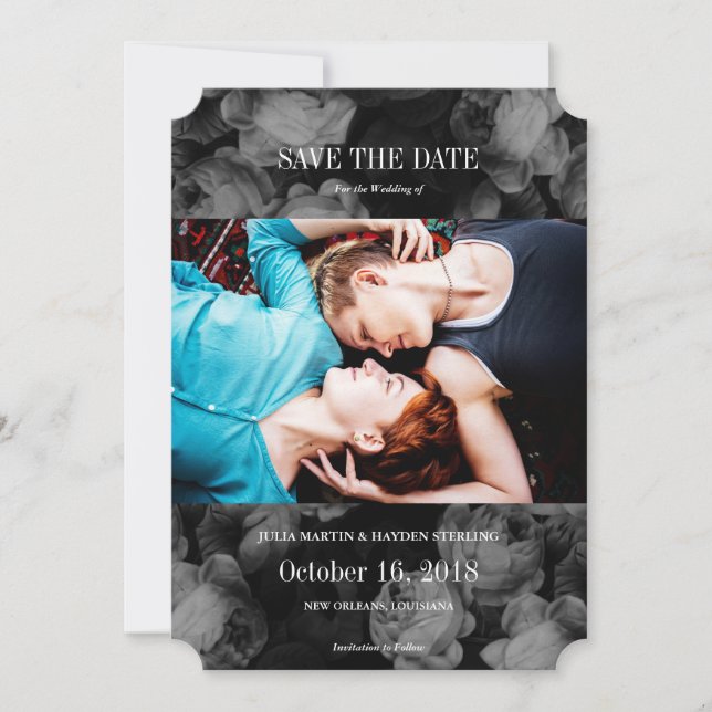 Elegante Rose Schwarz + Weiß Foto Speichern Sie di Save The Date (Vorderseite)