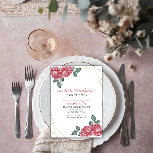 Elegante Rose Sweetheart Valentine Baby Dusche Einladung (Elegant Rose Sweetheart Valentine Baby Shower Invitation)