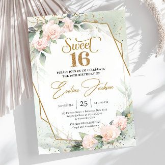 Elegante Rose und Eukalyptusgold-Glitzer Einladung