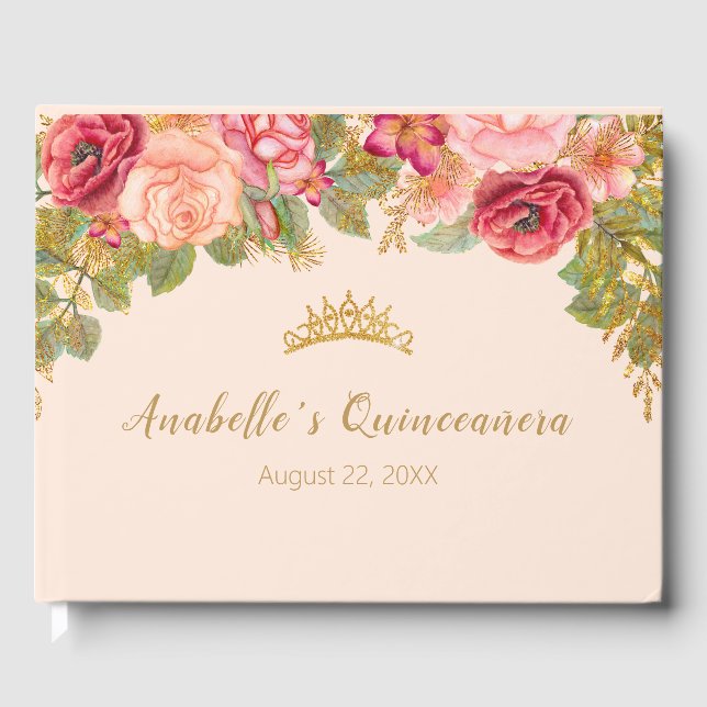 Elegante Rose und Goldkrone Gästebuch (Vorderseite)