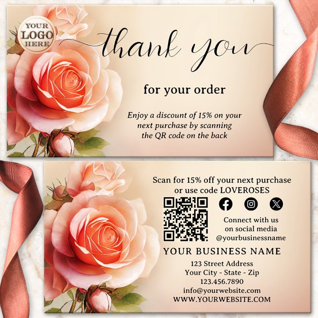 Elegante Rose Vielen Dank für Ihre Bestellung Visitenkarte (Thank you for your order business card featuring a painting of a beautiful rose - with QR code)