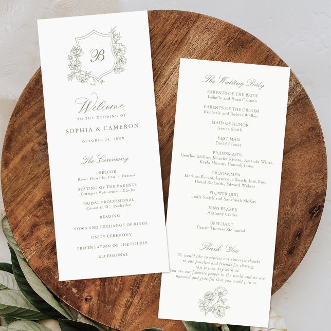 Elegante Rose Wappen Monogram Sage Wedding Programm (Von Creator hochgeladen)
