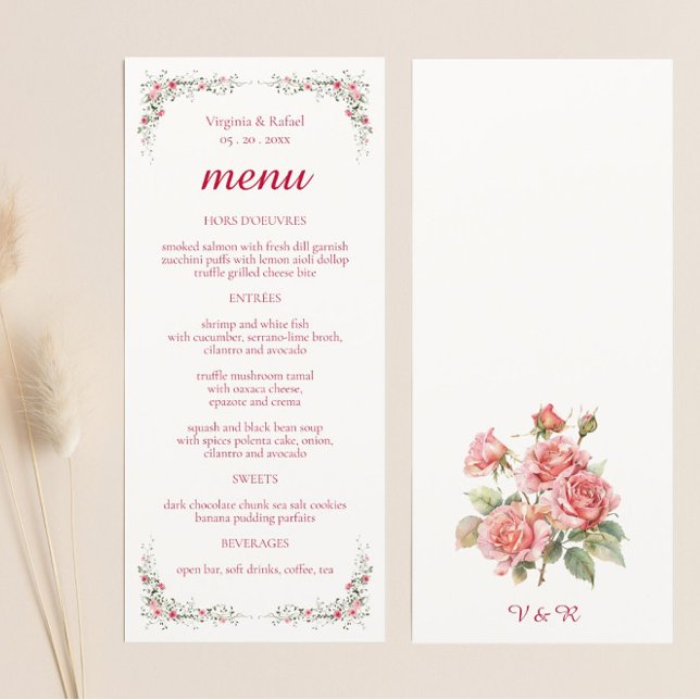 Elegante Rose Wasserfarbenhochzeit Menükarte (Elegant Rose Watercolor Wedding Menu Cards)