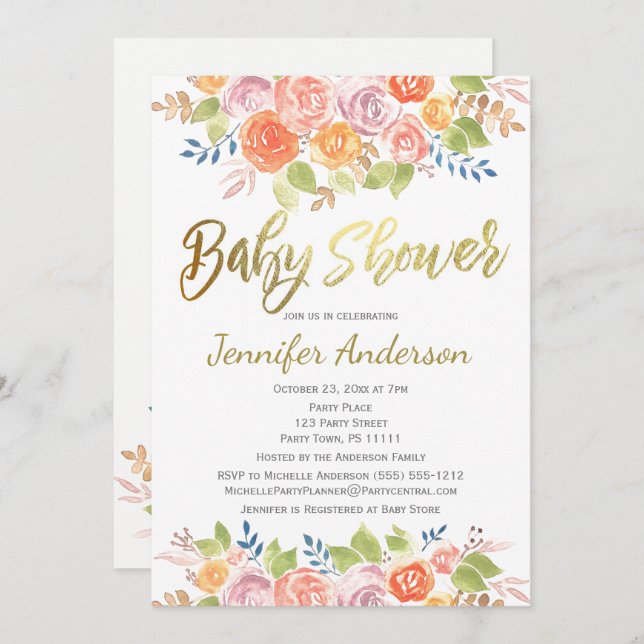 Elegante Rose Watercolor Babydusche Einladung (Vorne/Hinten)