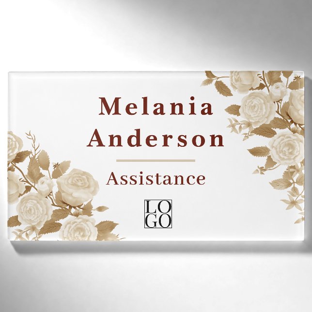 Elegante Rose Weiß Namenschild (Vorderseite)