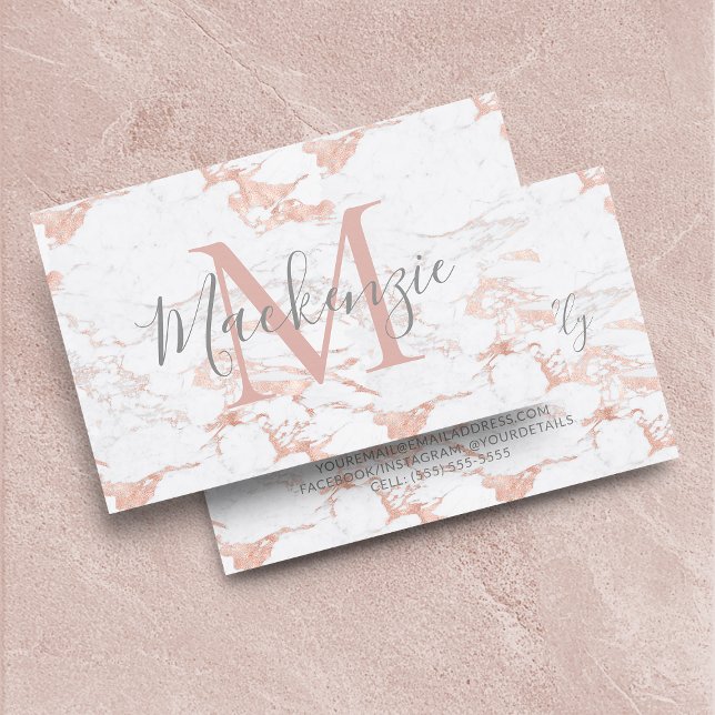 Elegante Rose | Weißer Marmor | Monogramm Visitenkarte (Elegant Rose Gold Foil | White Marble | Monogram Business Card)