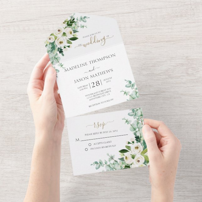 Elegante Rose Weißes Gold Wasserfarbene Hochzeit All In One Einladung (Abreißen)