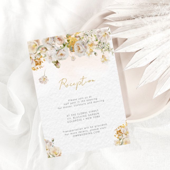 Elegante Rose White Gold Floral Empfang Card Begleitkarte (Von Creator hochgeladen)