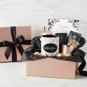 Elegante Roségold-Beschriftung auf schwarzer Tasse