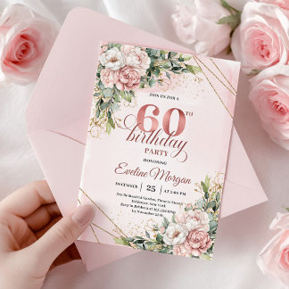 Elegante Roségold-Blumen-Aquarell 60. Geburtstag Einladung